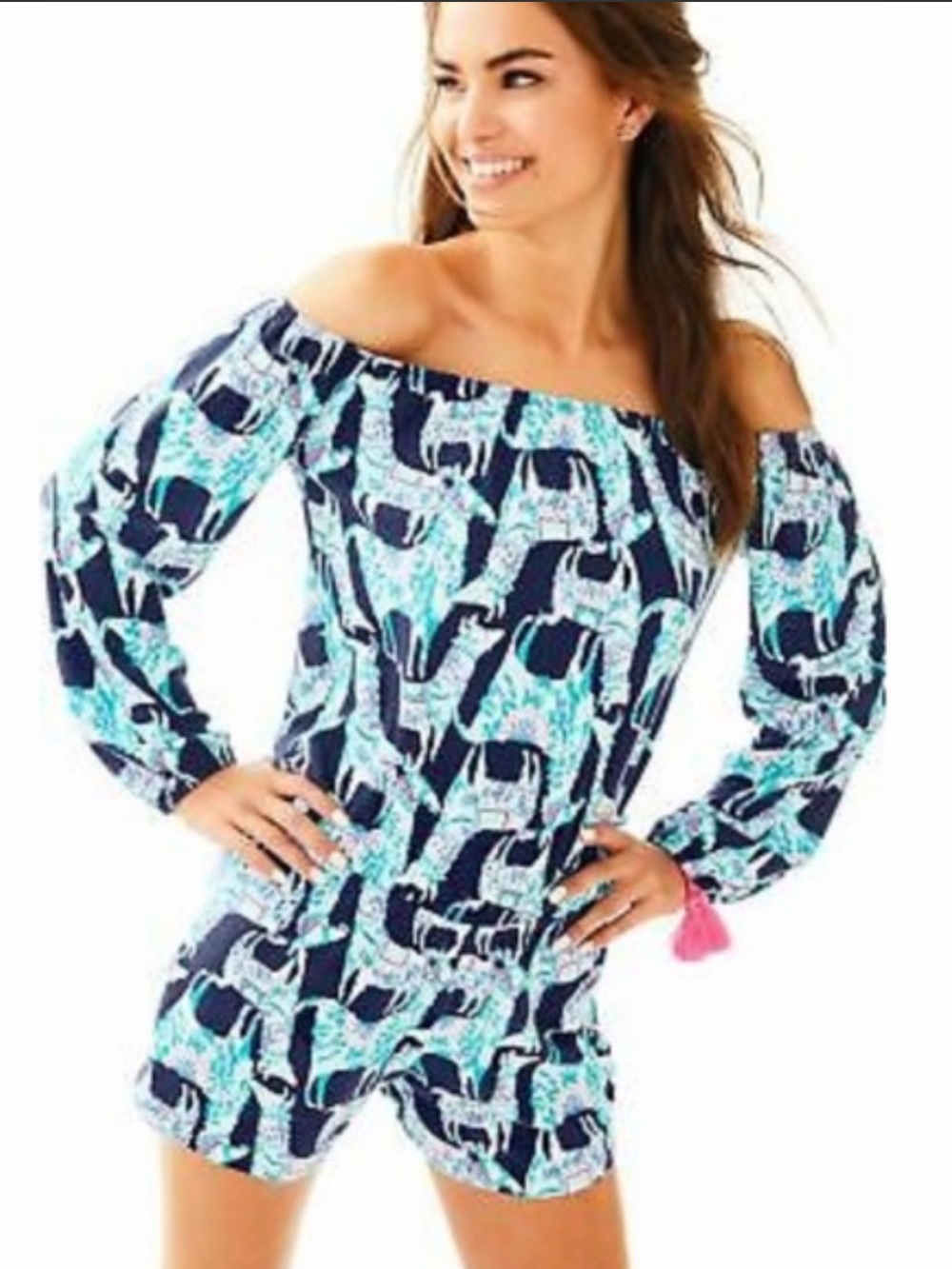 Lilly Pulitzer Lana Off the Shoulder Romper in Alpaca My Bags | Size Large